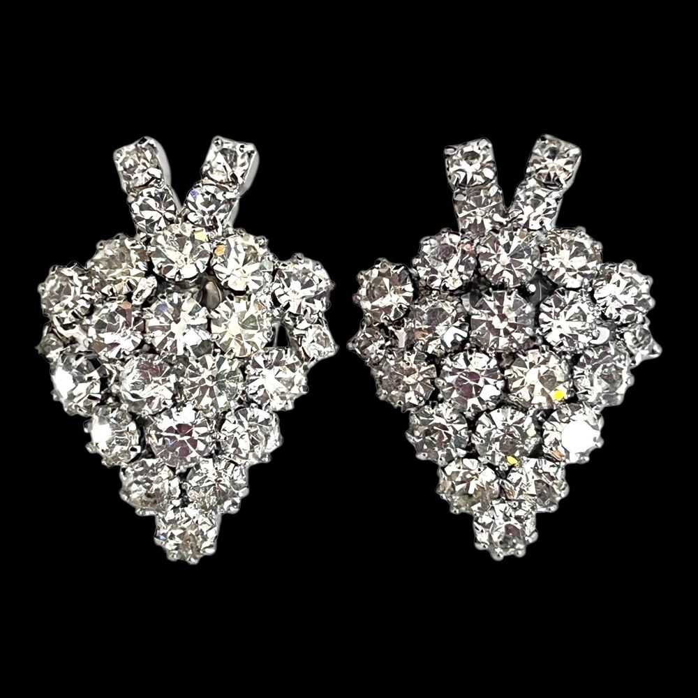 Vintage 1960s Clip On Earrings Silver Tone Clear Rhinestone Cluster Dangle - 13P